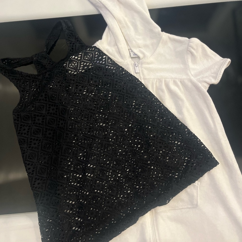 Black Lace Coverup and White Hooded Terry Coverup